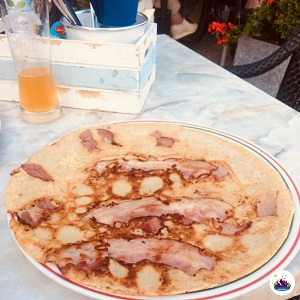 Giethoorn Village enjoying Dutch treat of pancakes with bacon